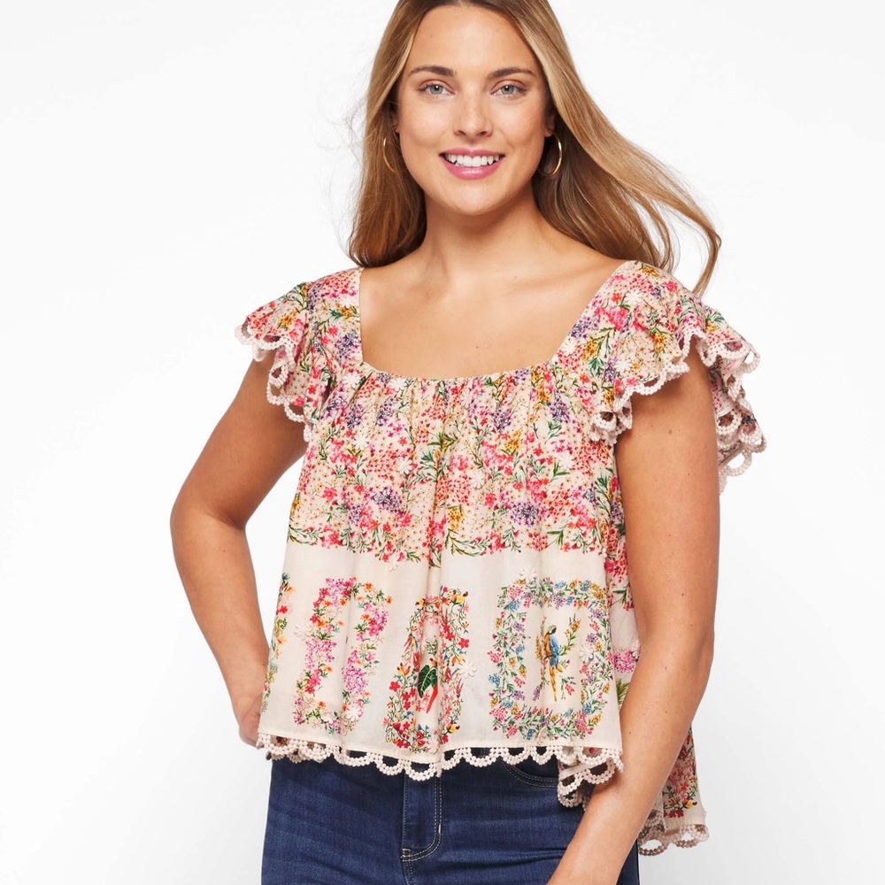 NWT Farm Rio Women's Floral Embroidered Blouse Square Neck Size M Multicolor
